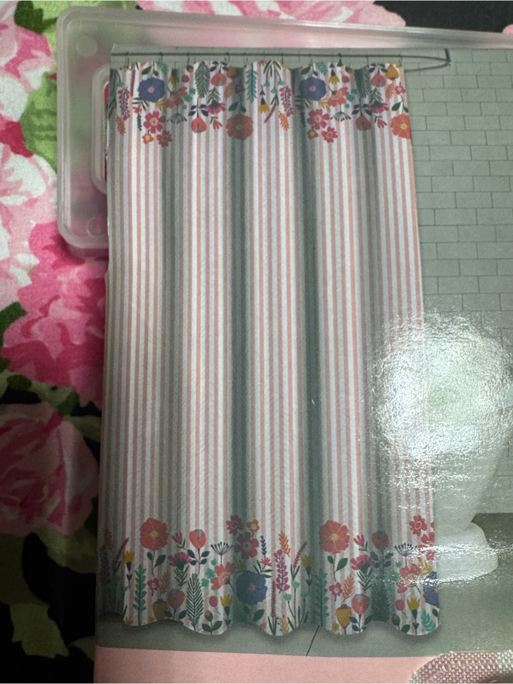 Betsey Johnson Pink and White Striped Floral Shower Curtain